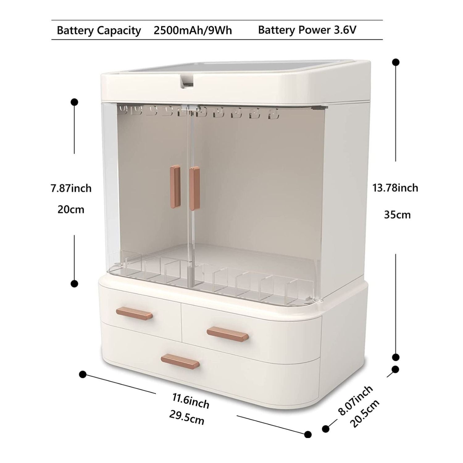 Large LED Makeup Organizer with 360° Swivel Mirror, USB Charging