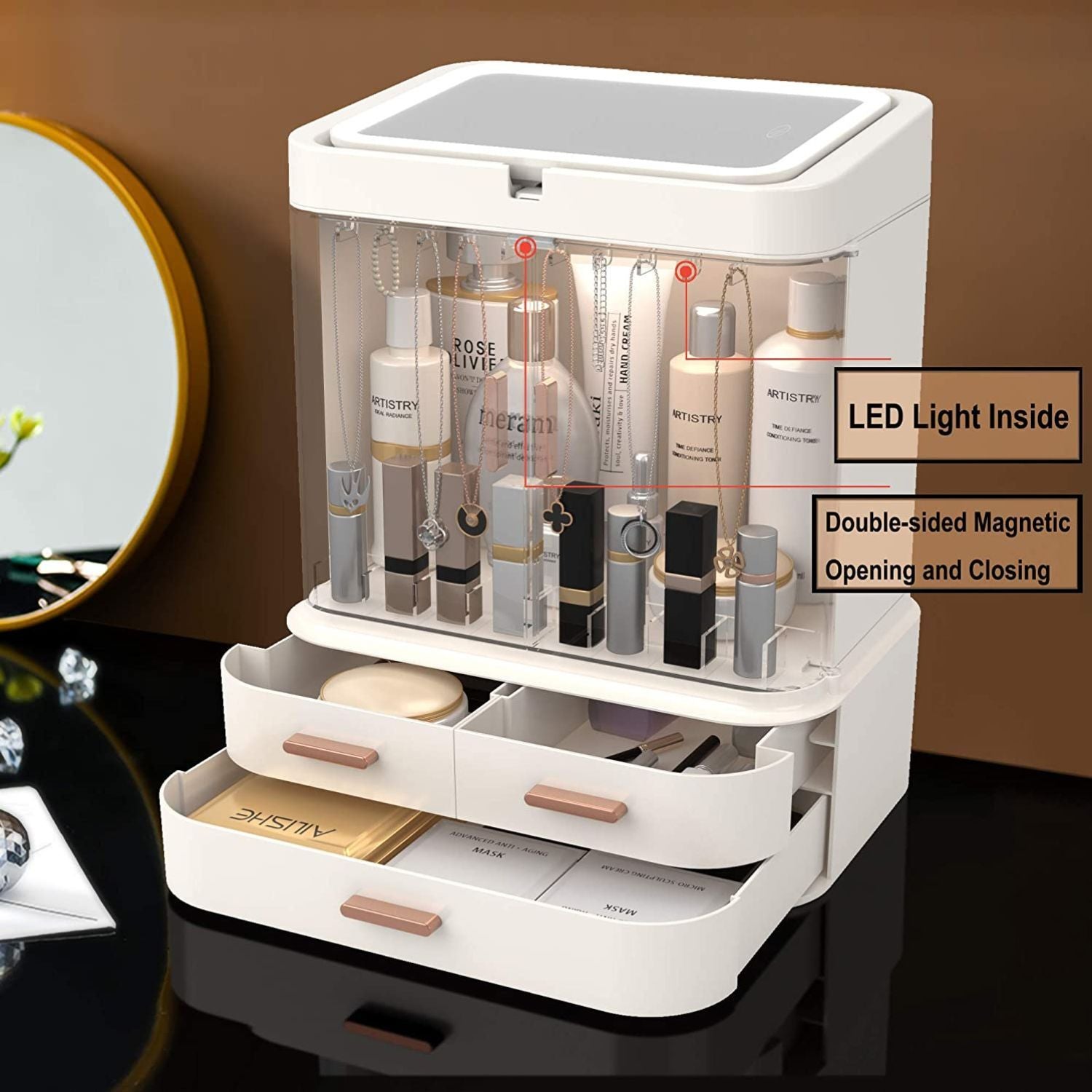 Large LED Makeup Organizer with 360° Swivel Mirror, USB Charging