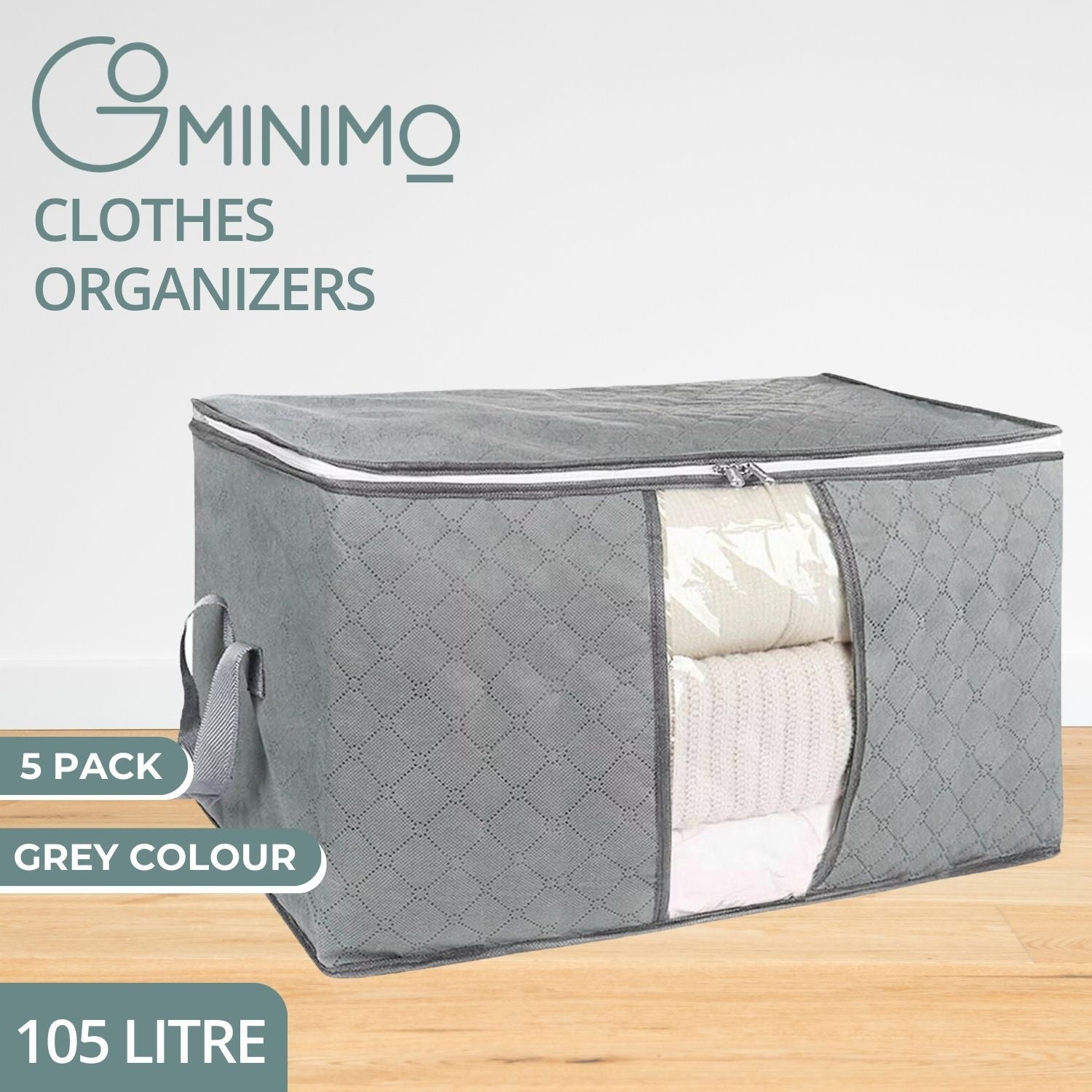 Spacious 105L Foldable Grey Clothes Storage Bags, 5 Pack - GOMINIMO