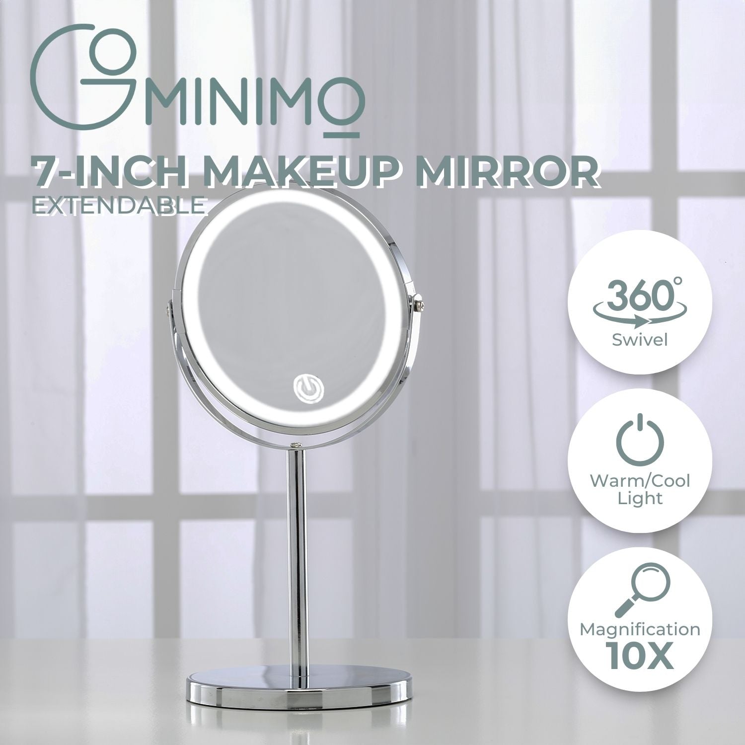 LED 10x Magnifying Makeup Mirror, 360° Rotation, Silver - GOMINIMO