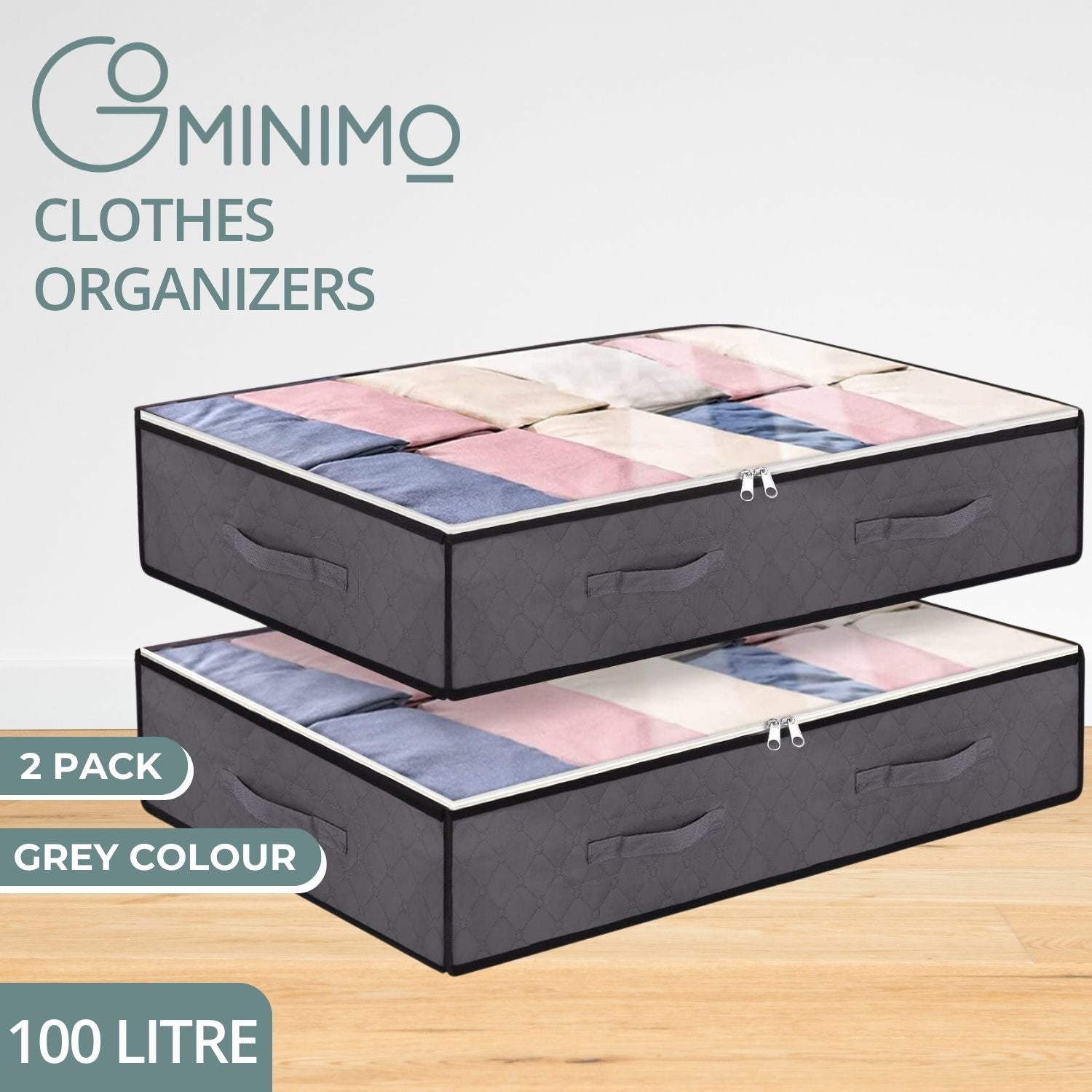 GOMINIMO 2 Pack 100L Large Underbed Clothes Storage Bag Home Organizer Box Bag
