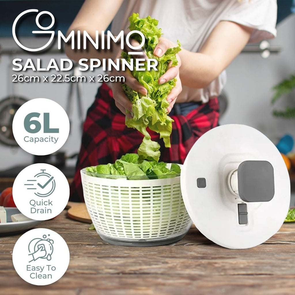 One-Hand 6L Salad Spinner with Instant Stop, White - GOMINIMO