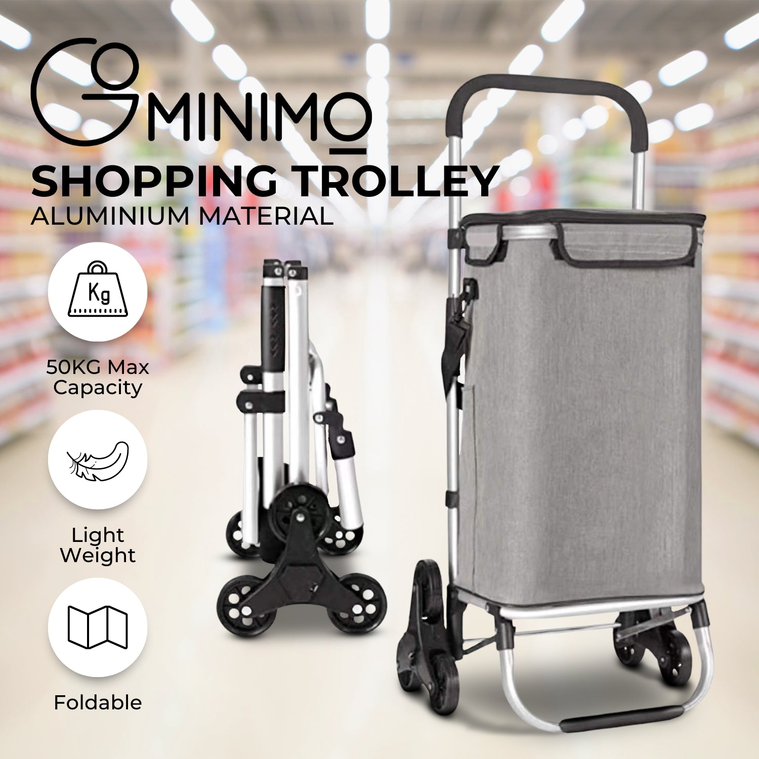 Tri-Wheel Foldable Aluminum Shopping Trolley with Waterproof Bag - GOMINIMO