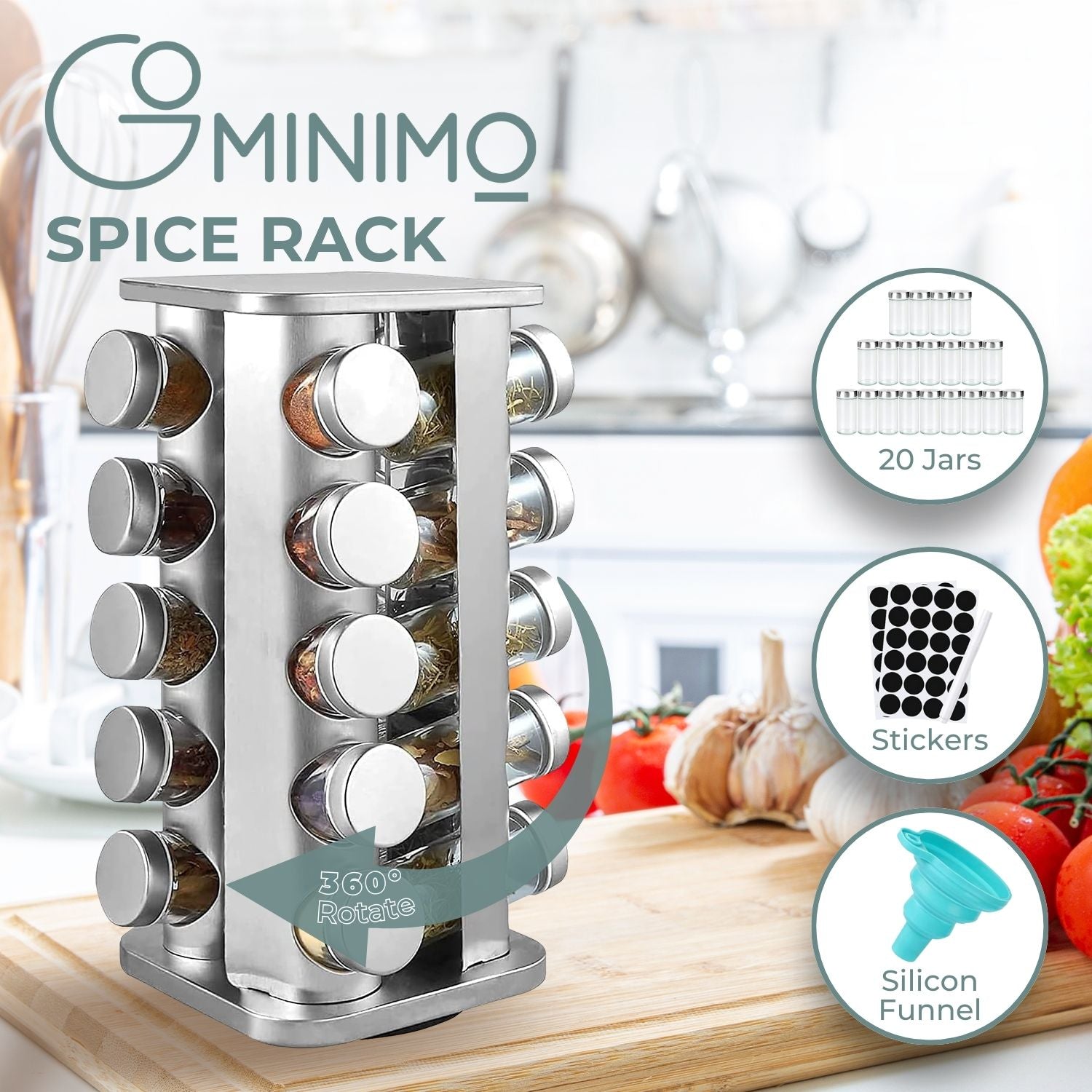 20-Jar Rotating Spice Rack with Labels and Funnel - Gominimo