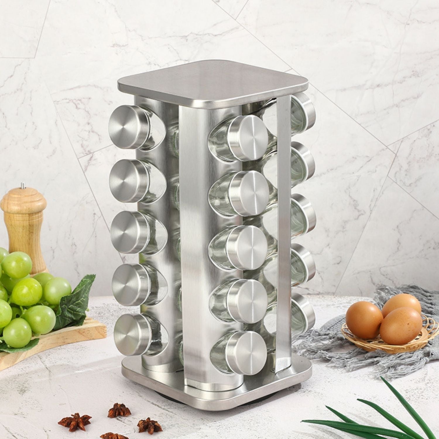 20-Jar Rotating Spice Rack with Labels and Funnel - Gominimo