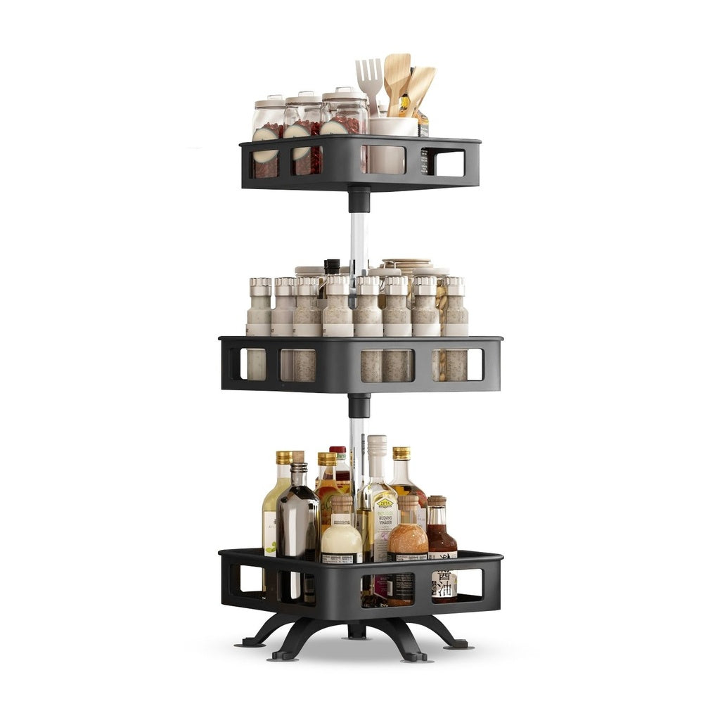 360° Rotating 3-Tier Spice Rack, Adjustable Height, Black - Gominimo