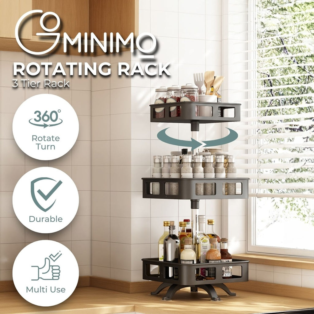 360° Rotating 3-Tier Spice Rack, Adjustable Height, Black - Gominimo