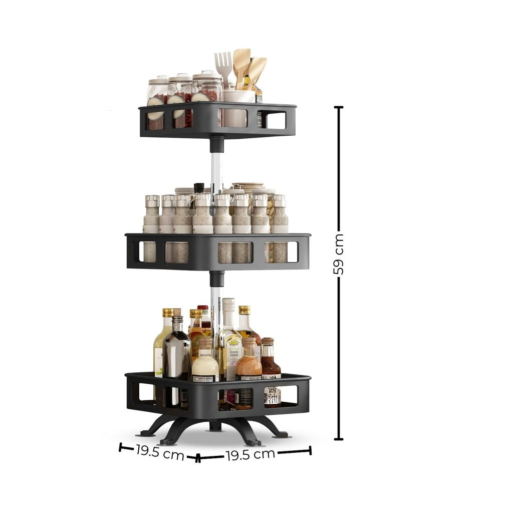 360° Rotating 3-Tier Spice Rack, Adjustable Height, Black - Gominimo