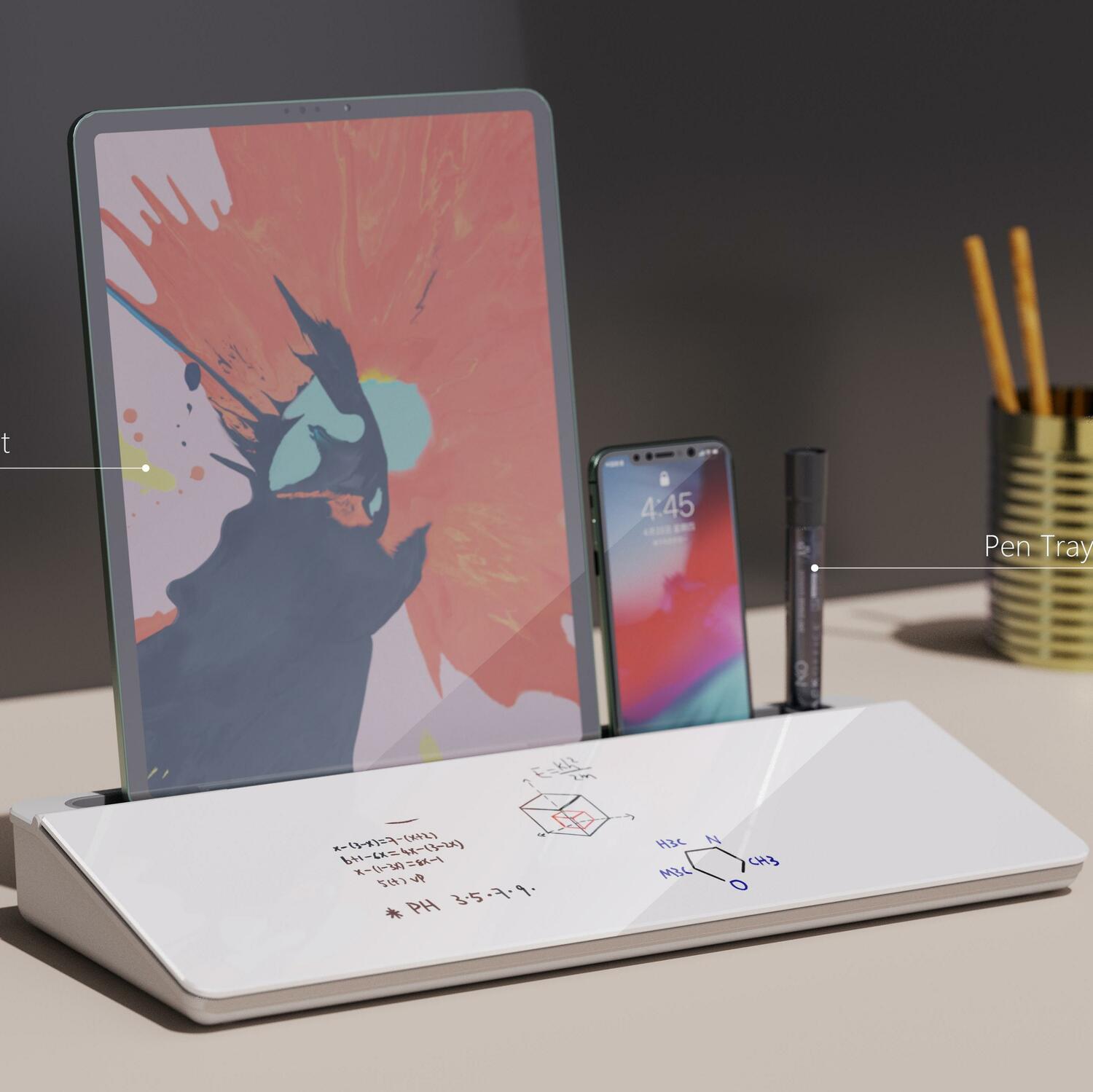 Tempered Glass Desktop Whiteboard with Dividers & Phone Slot