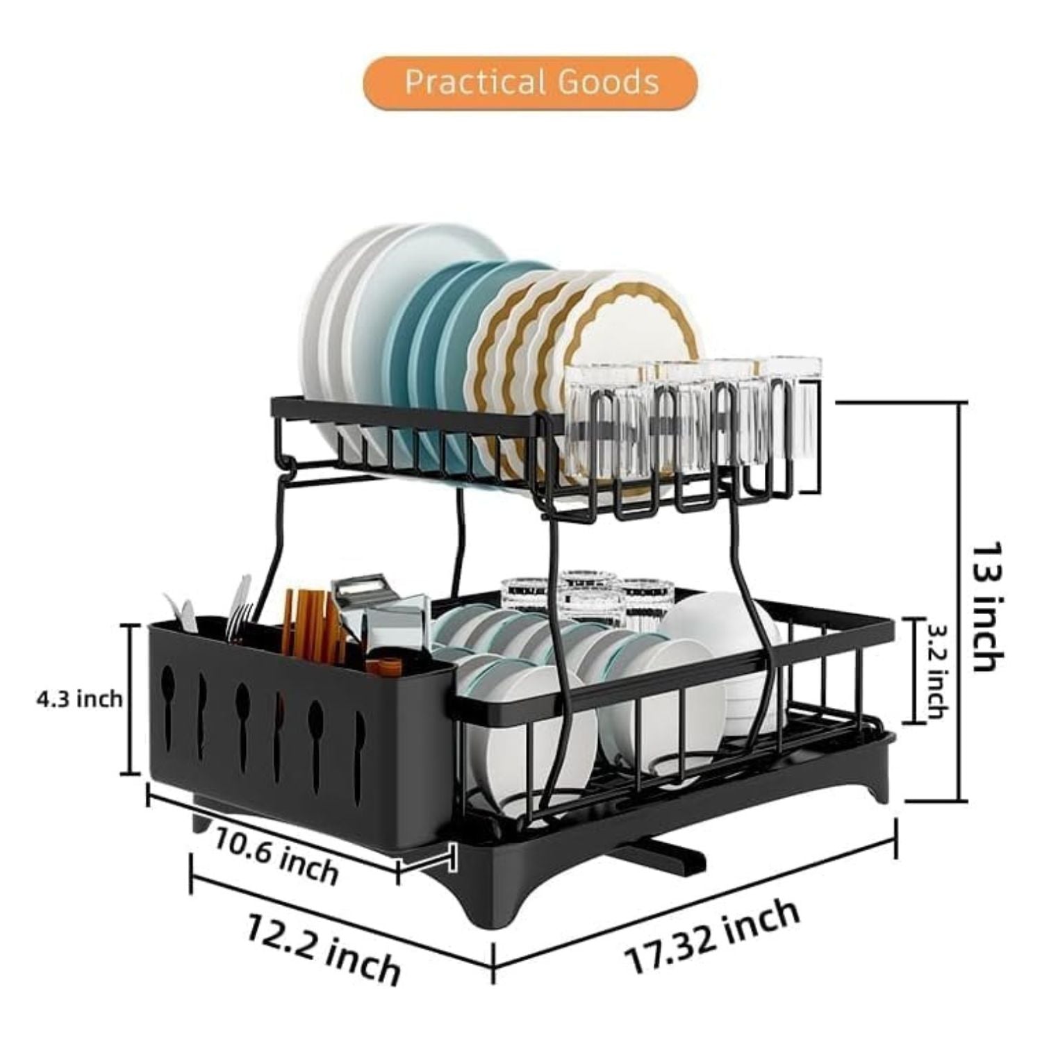 Rust-Resistant 2 Tier Dish Drying Rack with Drain Board