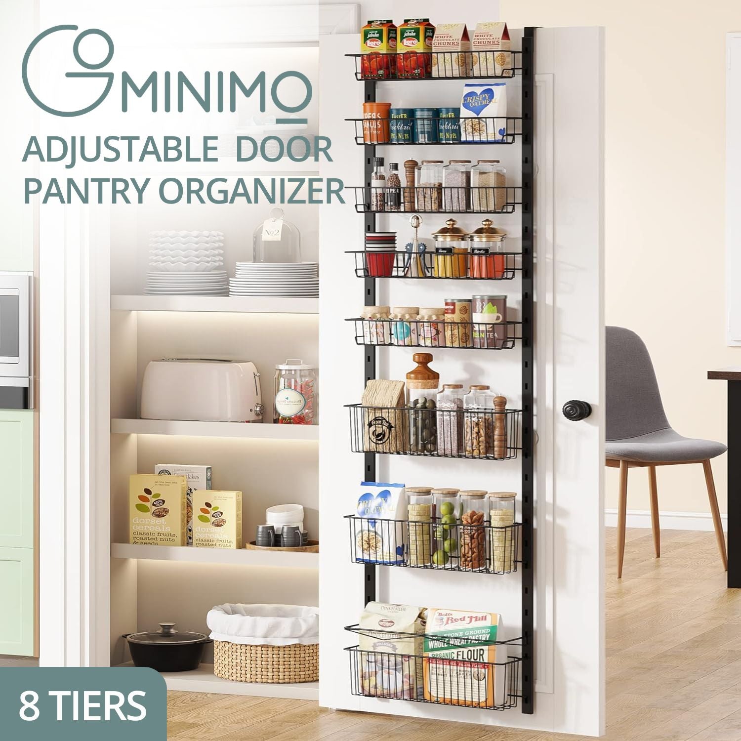 8 Tier Adjustable Metal Over Door Pantry Organizer Rack