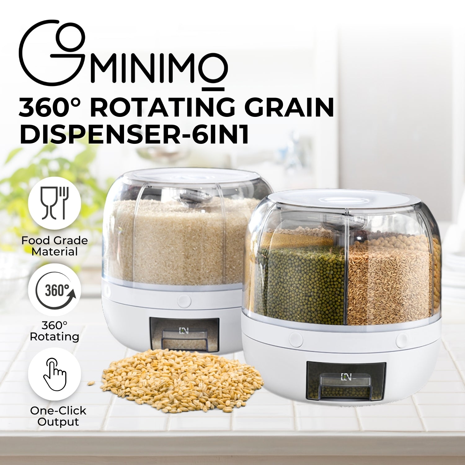 6 in 1 Rotating Grain Dispenser with Lid, 10KG Capacity, GOMINIMO