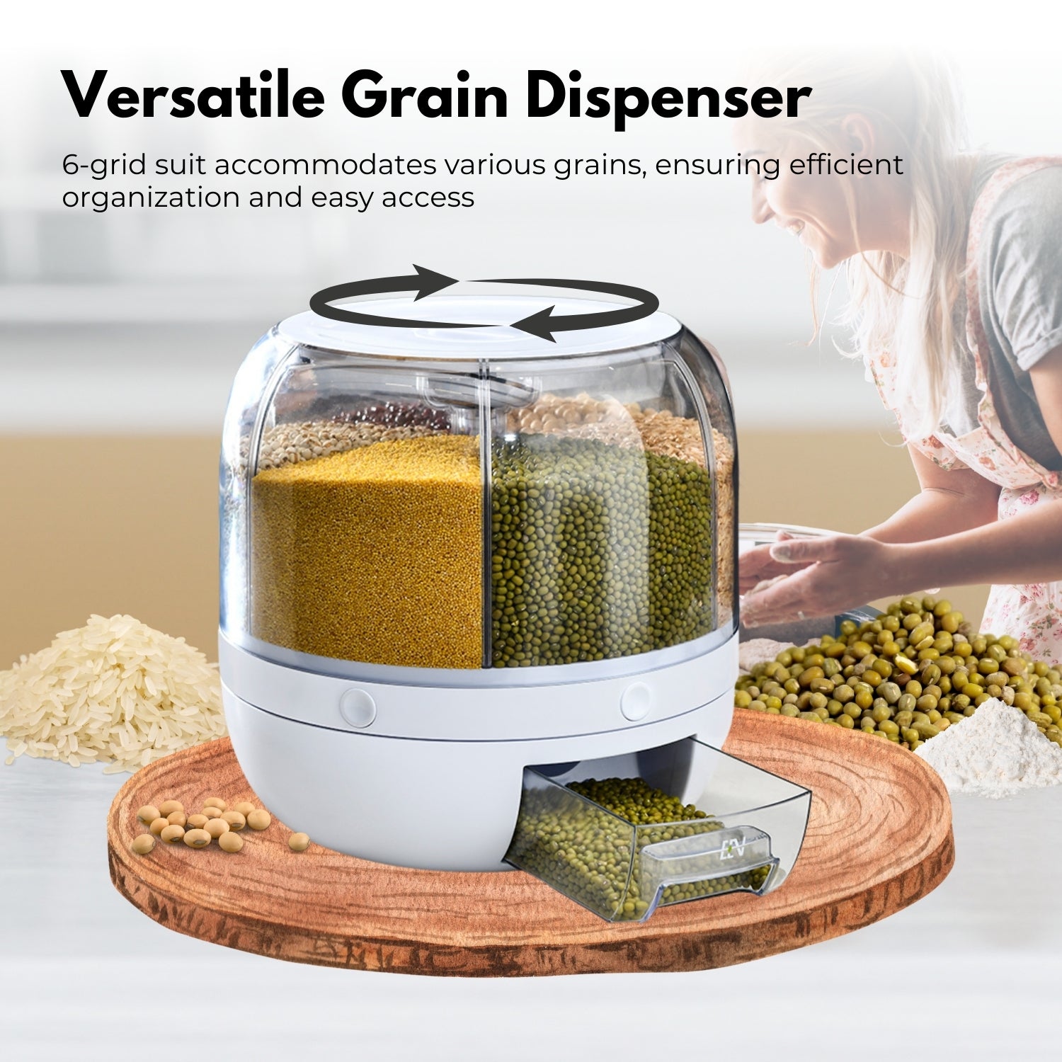 6 in 1 Rotating Grain Dispenser with Lid, 10KG Capacity, GOMINIMO