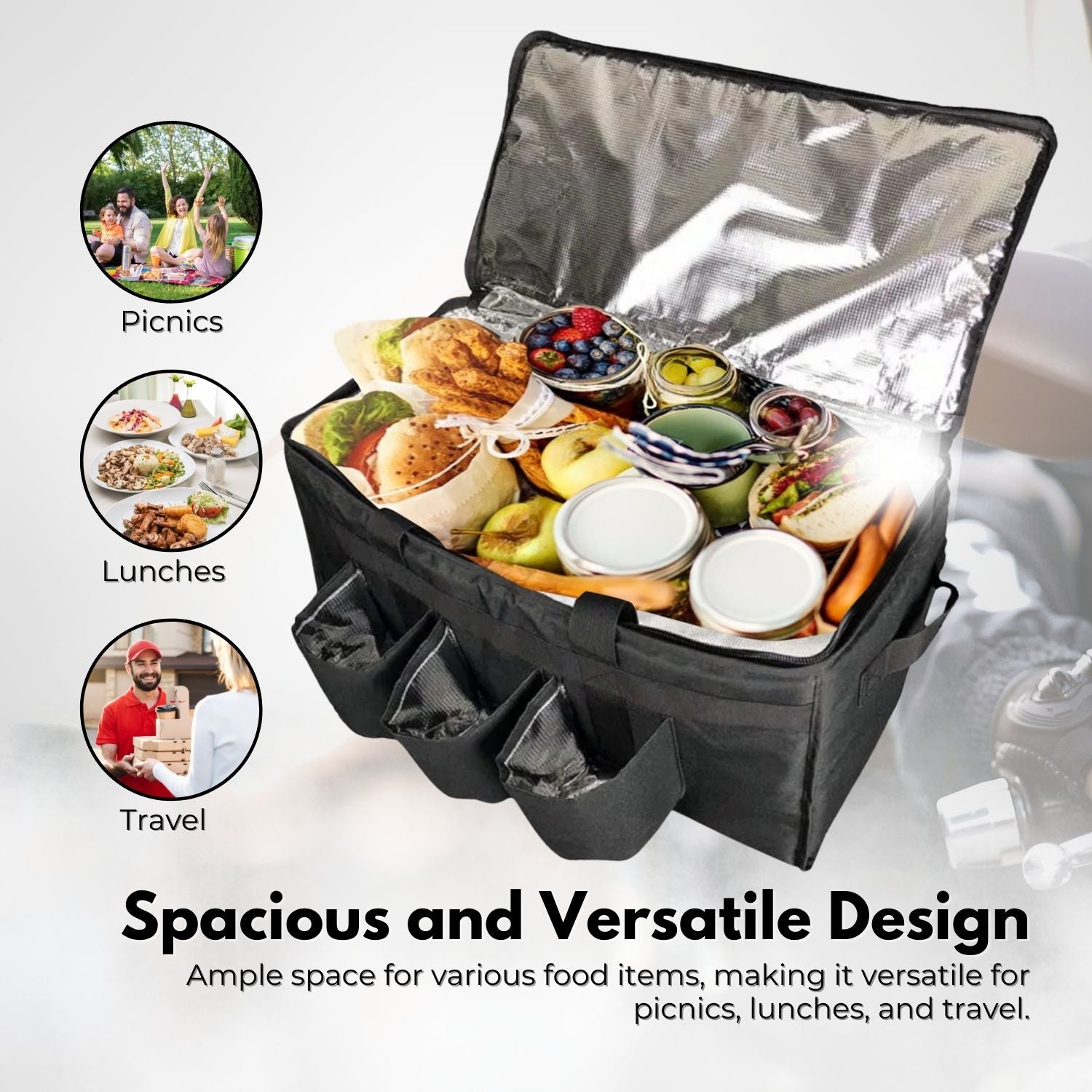 Insulated Food Delivery Bag w/ Cup Holders, Waterproof, 55x35x30cm, GOMINIMO