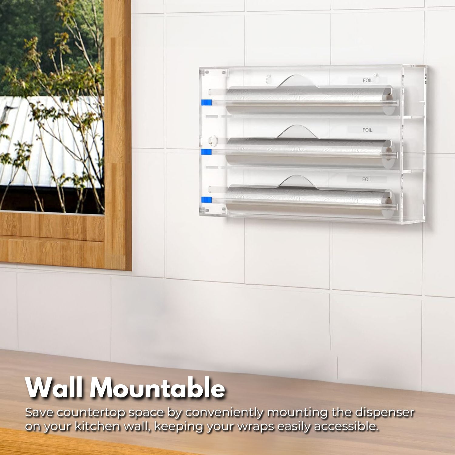 Wall-Mount 3-in-1 Acrylic Wrap Dispenser w/ Cutter & Labels