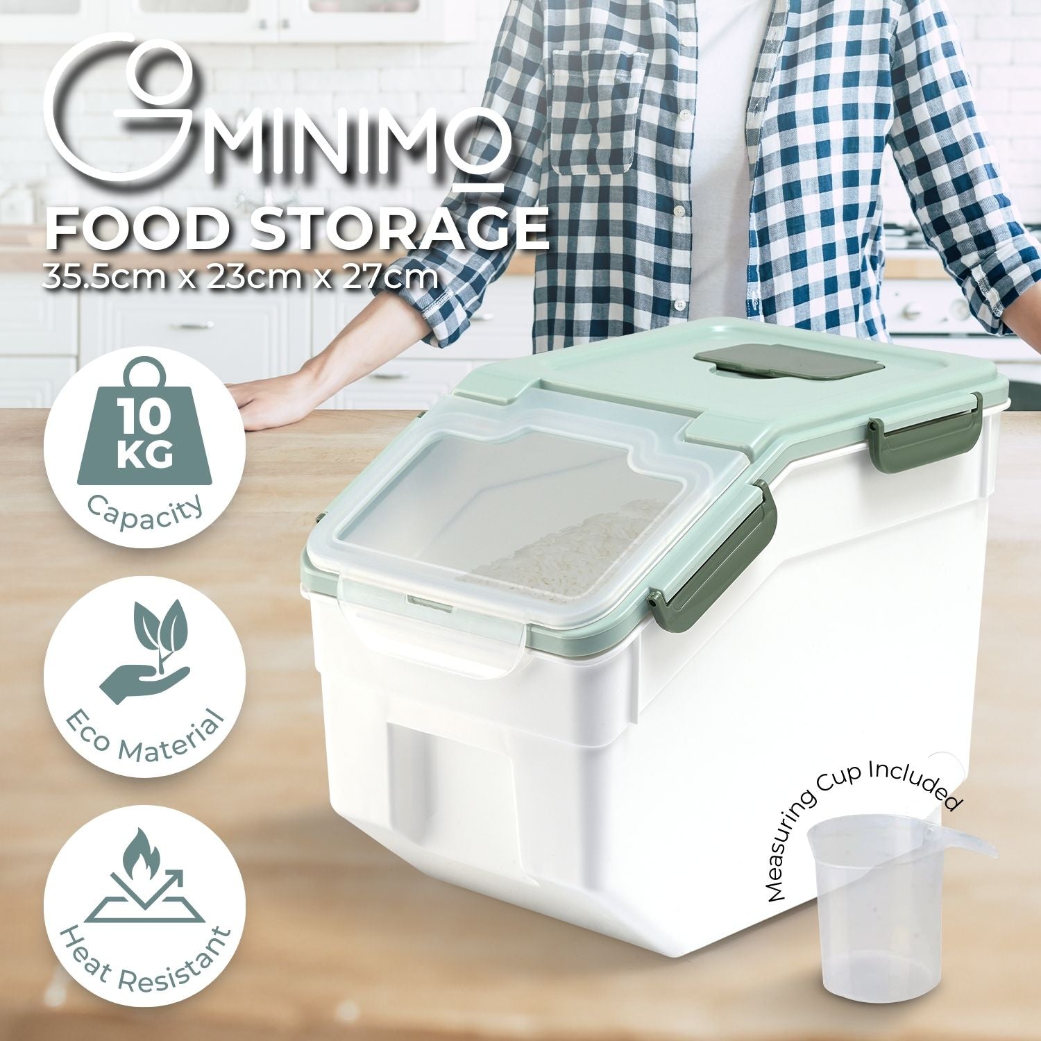 Airtight Food Storage Container, 10kg Capacity with Measuring Cup - GOMINIMO