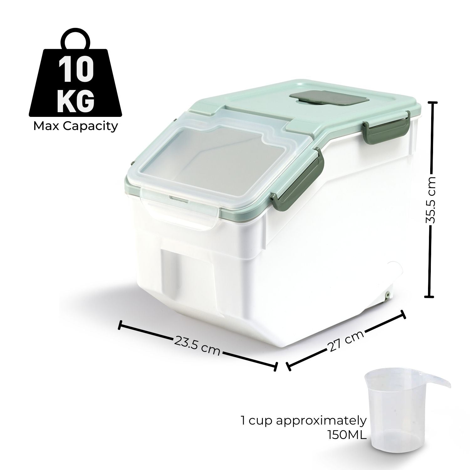 Airtight Food Storage Container, 10kg Capacity with Measuring Cup - GOMINIMO