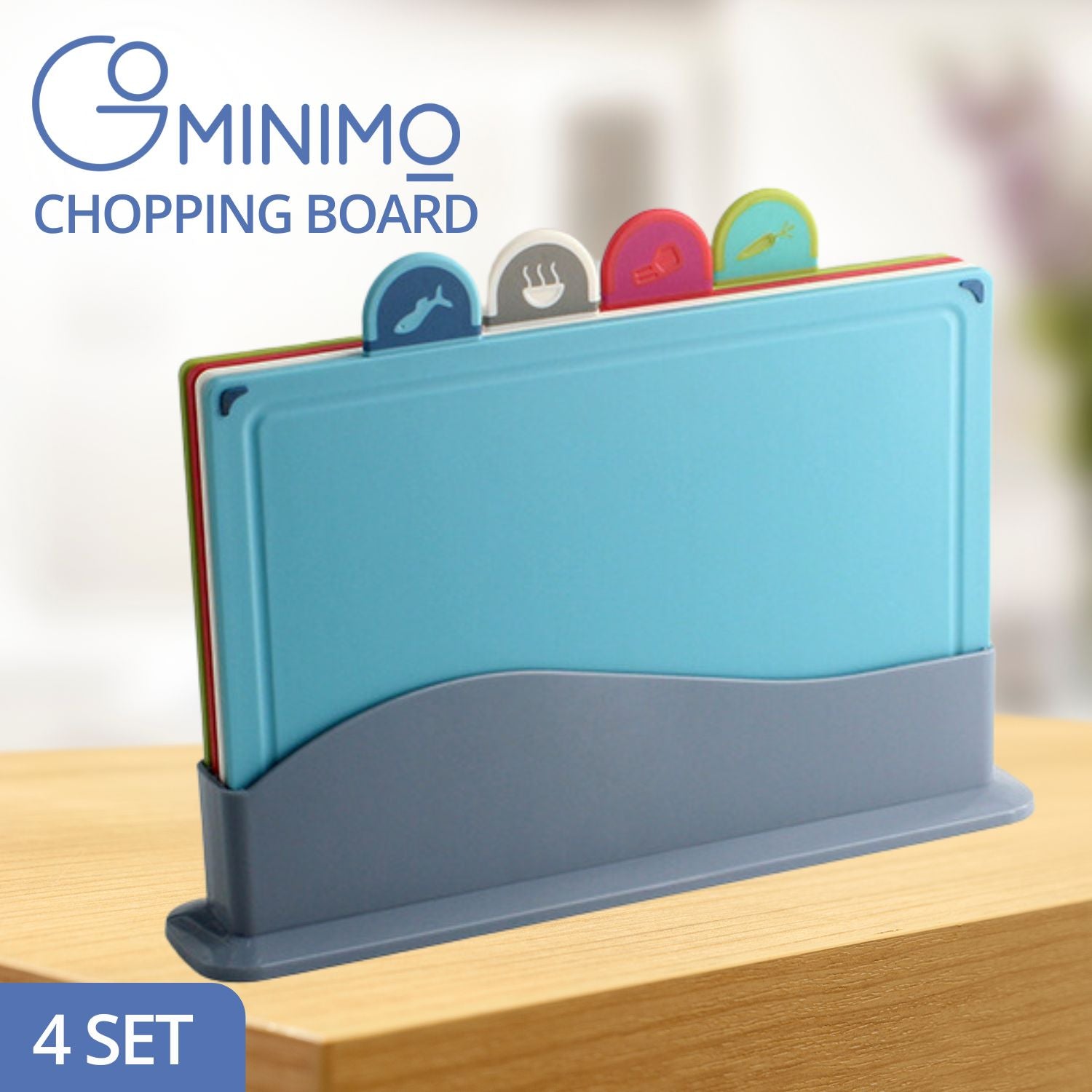 GOMINIMO Set of 4 Chopping Board with Index Color Coded Food Icon and Dark Grey Stand