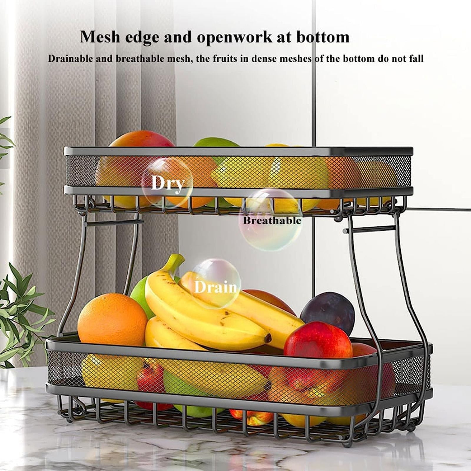 Rust-Proof 2 Tier Wire Countertop Fruit Basket, Black - Gominimo