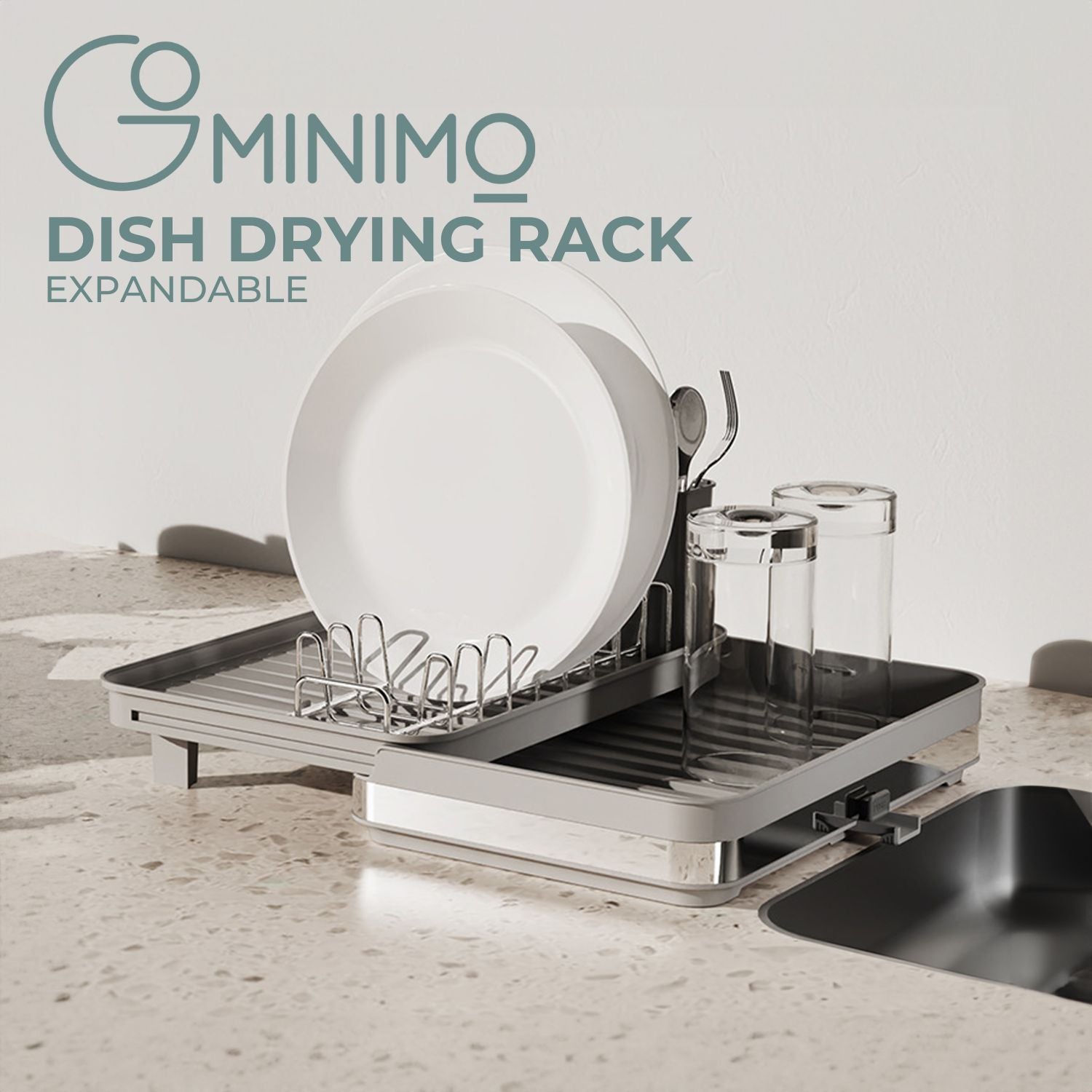 Expandable Dish Drying Rack with Adjustable Drain Spout - GOMINIMO