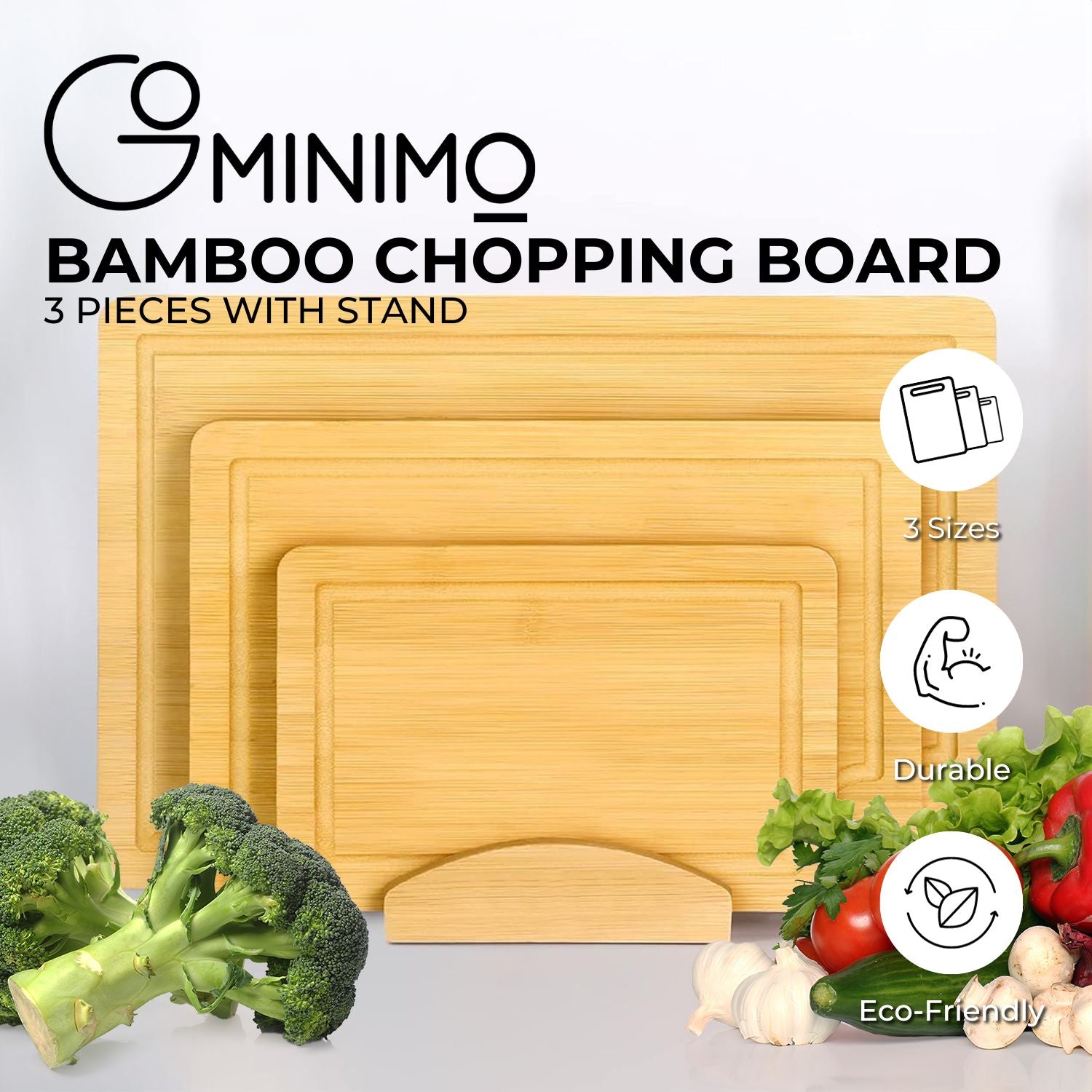 Reversible Bamboo Chopping Board Set with Stand (3 pcs) GOMINIMO