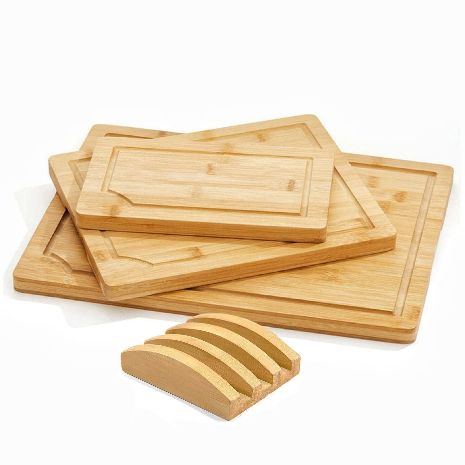 Reversible Bamboo Chopping Board Set with Stand (3 pcs) GOMINIMO