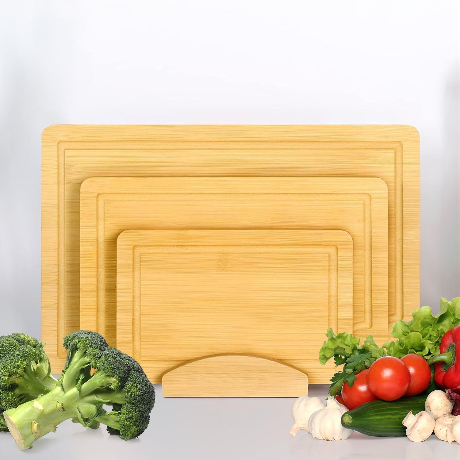 Reversible Bamboo Chopping Board Set with Stand (3 pcs) GOMINIMO