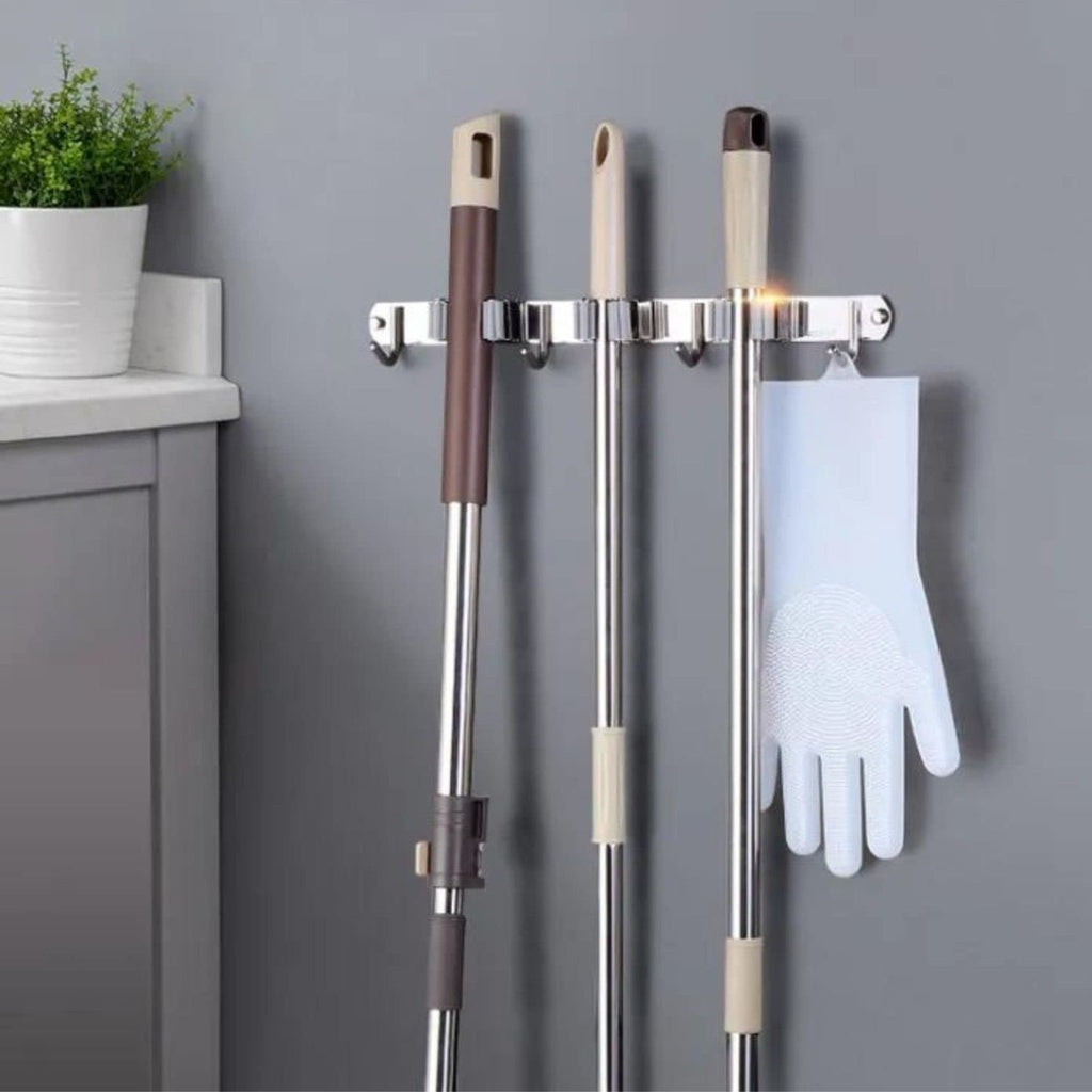 Waterproof Stainless Steel Broom Mop Holder 3 Racks 4 Hooks - GOMINIMO