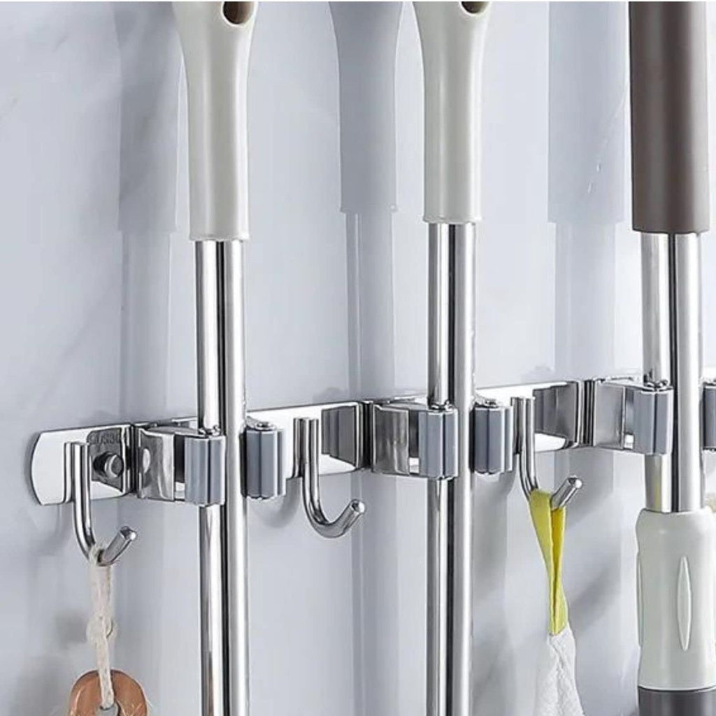 Waterproof Stainless Steel Broom Mop Holder 3 Racks 4 Hooks - GOMINIMO