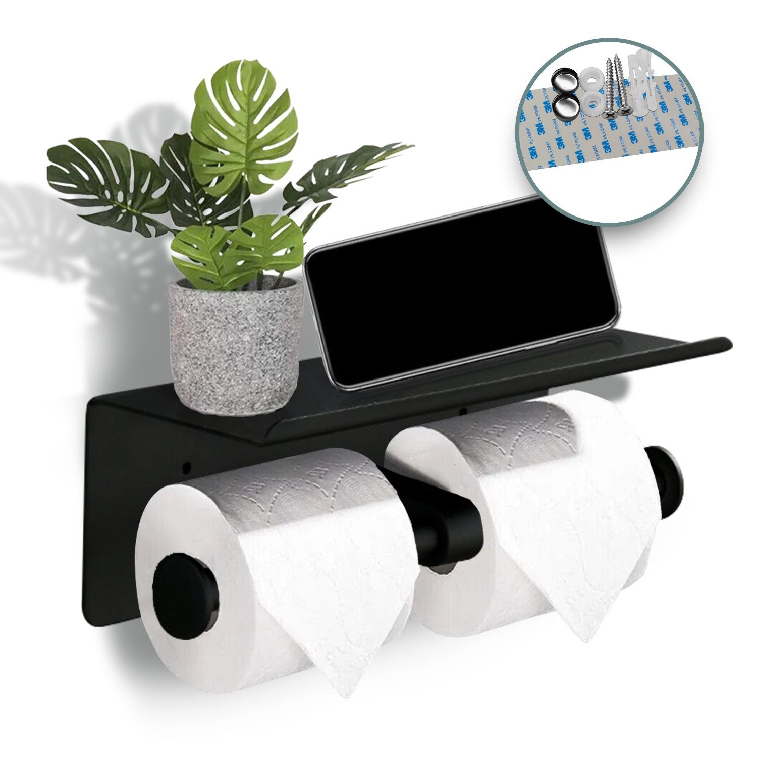 Black Stainless Steel Double Toilet Roll Holder with Shelf