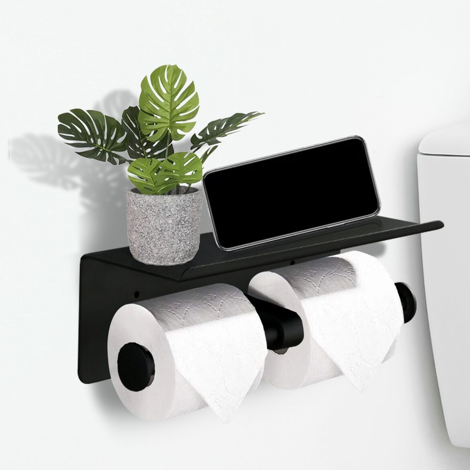 Black Stainless Steel Double Toilet Roll Holder with Shelf