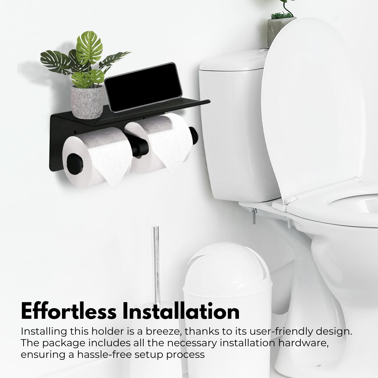 Black Stainless Steel Double Toilet Roll Holder with Shelf