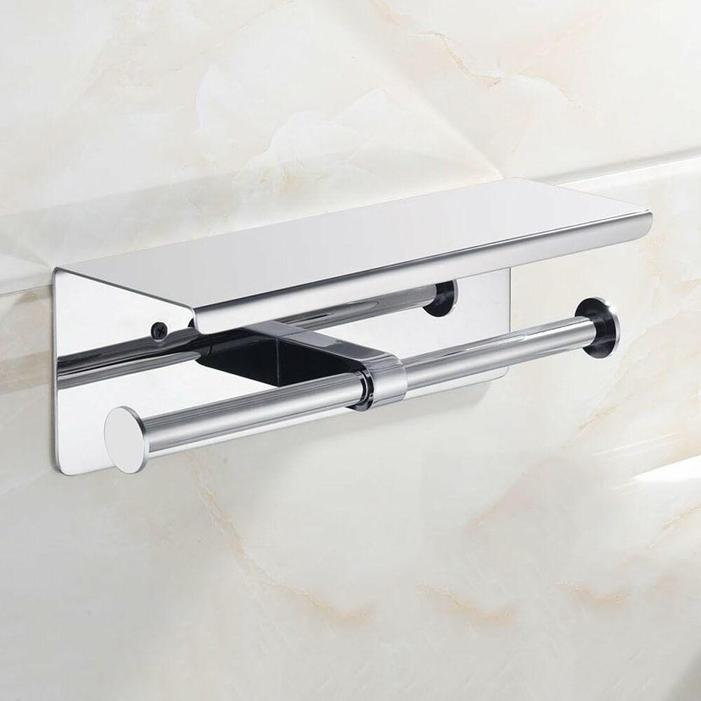 304 Stainless Steel Dual Toilet Paper Holder with Shelf