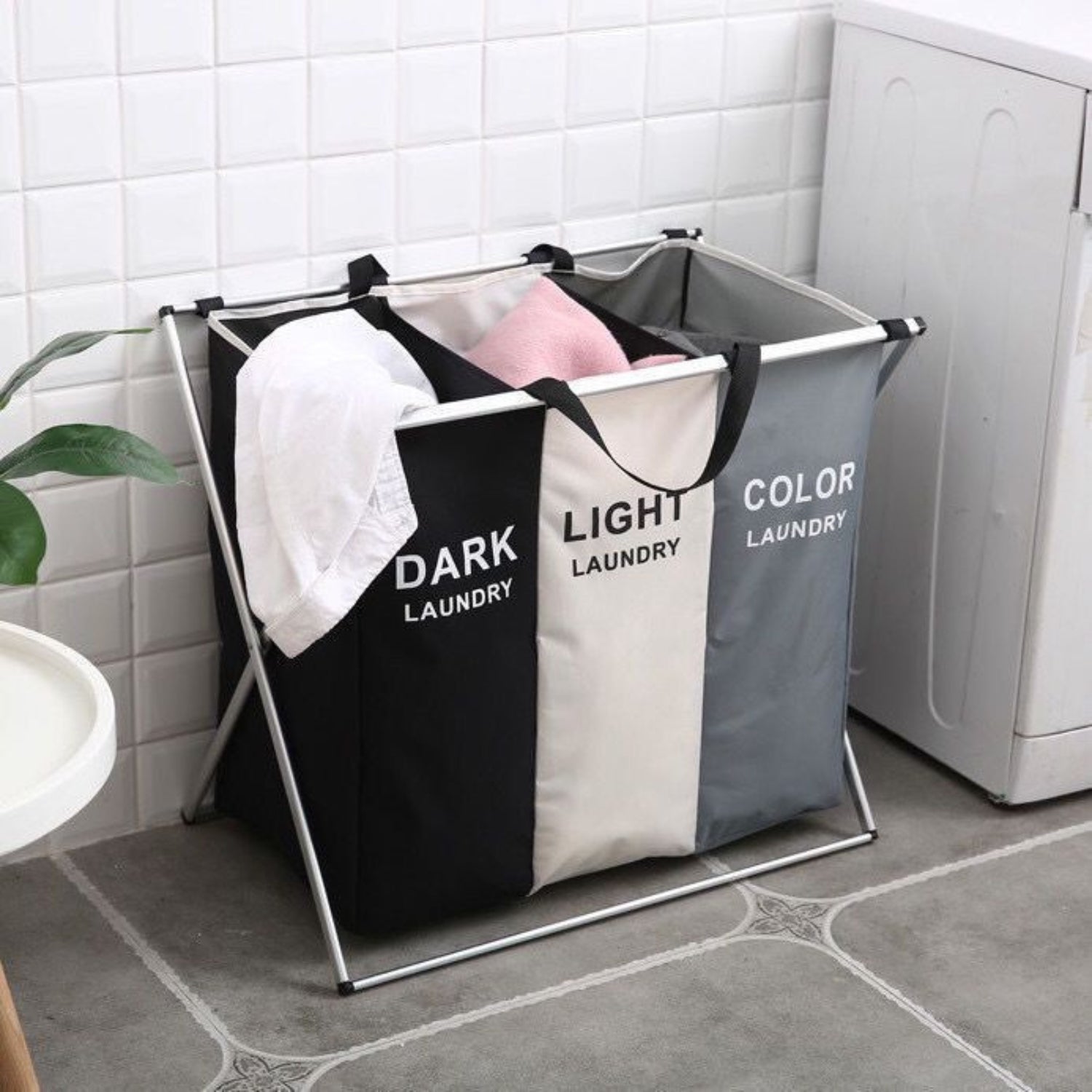 135L Foldable Laundry Hamper, 3 Sections, Waterproof - GOMINIMO