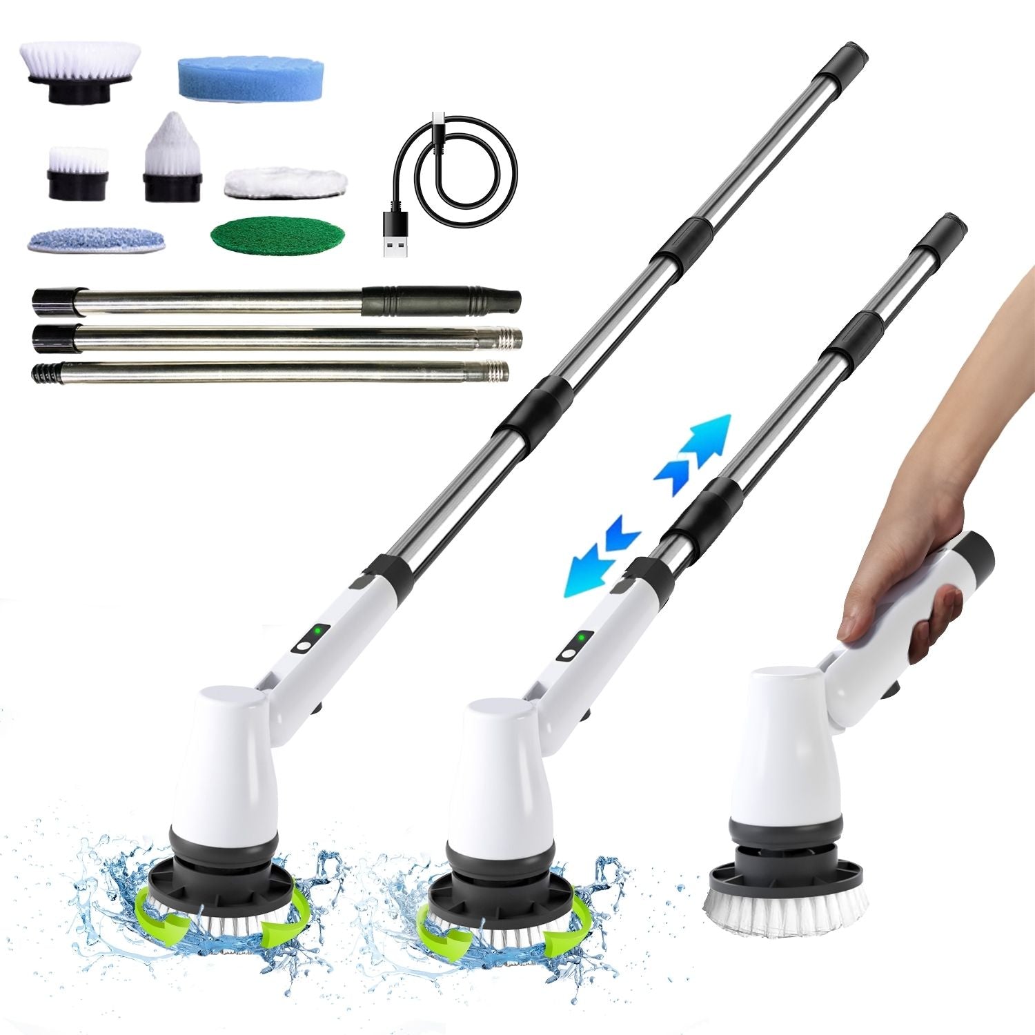 Rechargeable Cordless Spin Scrubber, 8 Heads, 55" Handle - GOMINIMO