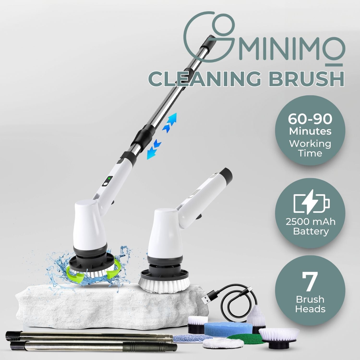 Rechargeable Cordless Spin Scrubber, 8 Heads, 55" Handle - GOMINIMO