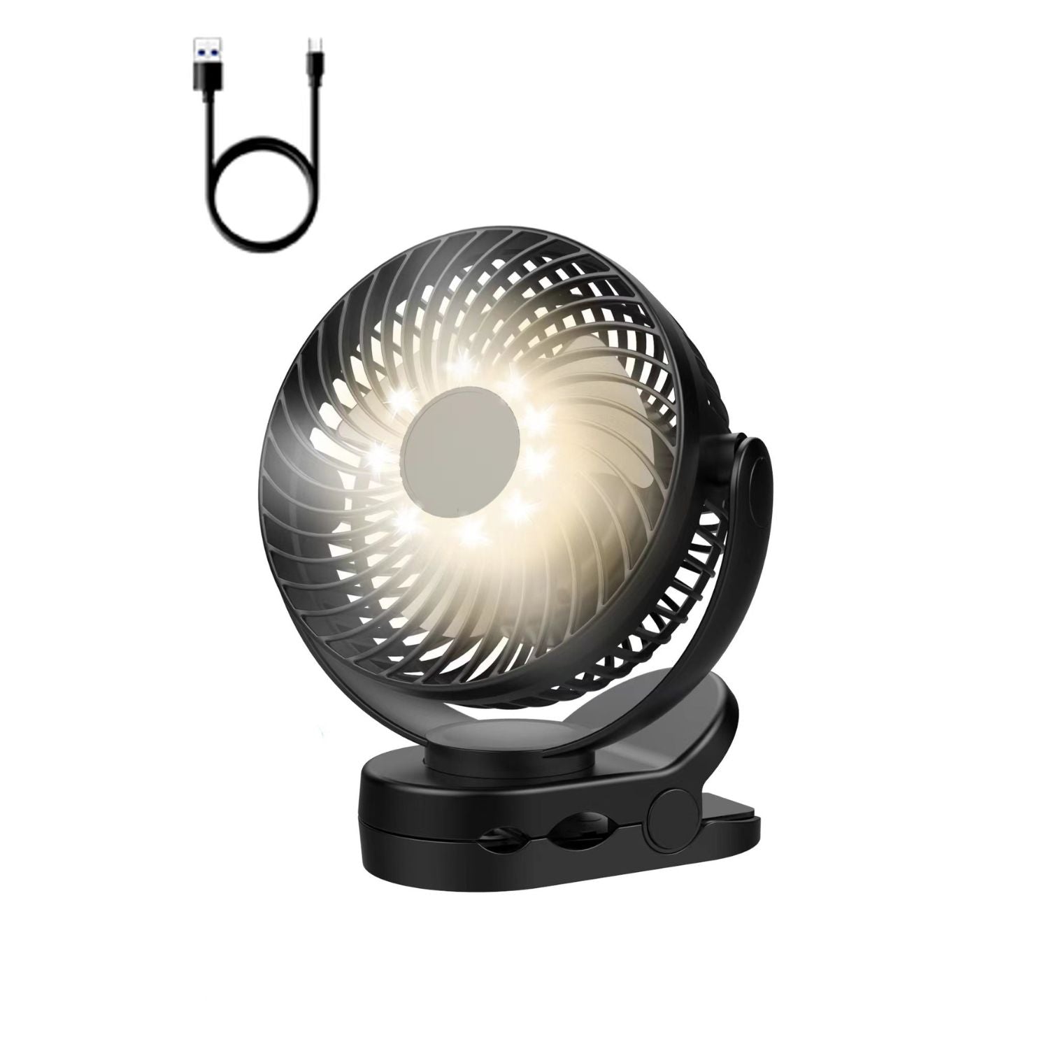 10000mAh Rechargeable Clip-on Fan with LED Light & Hook