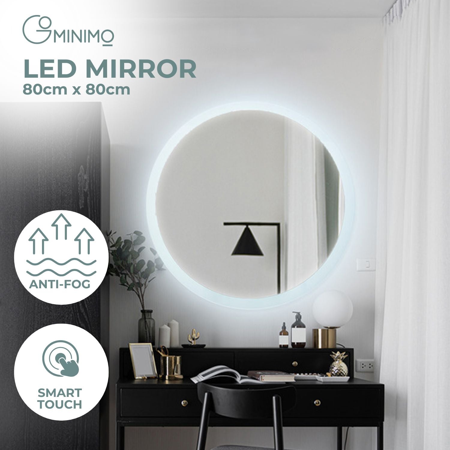 Adjustable Anti-Fog LED Round Mirror, Eco-Friendly, 800mm