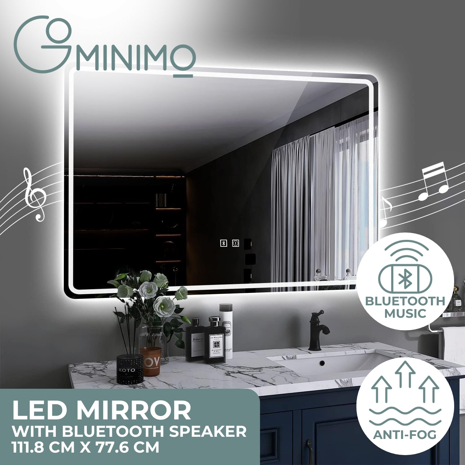 Anti-Fog LED Mirror with Bluetooth, Touch, Explosion-Proof - Gominimo