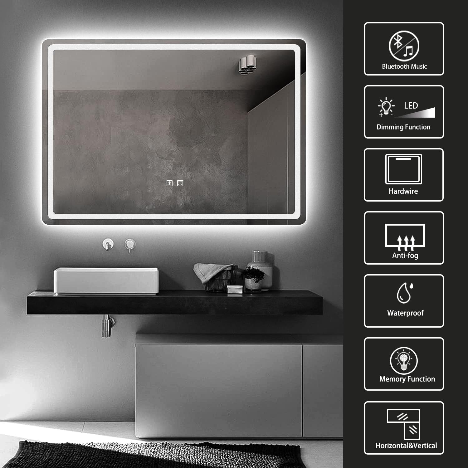 Anti-Fog LED Mirror with Bluetooth, Touch, Explosion-Proof - Gominimo