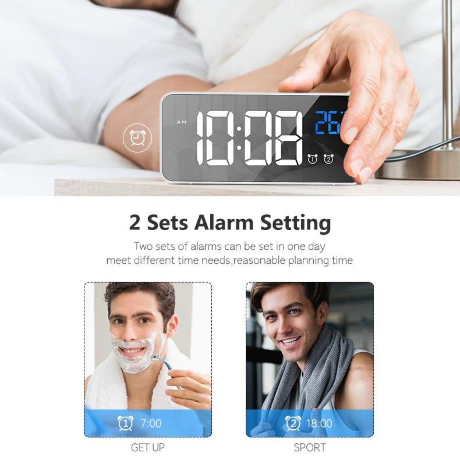 Modern Dual Alarm Clock with Mirror Display, GOMINIMO