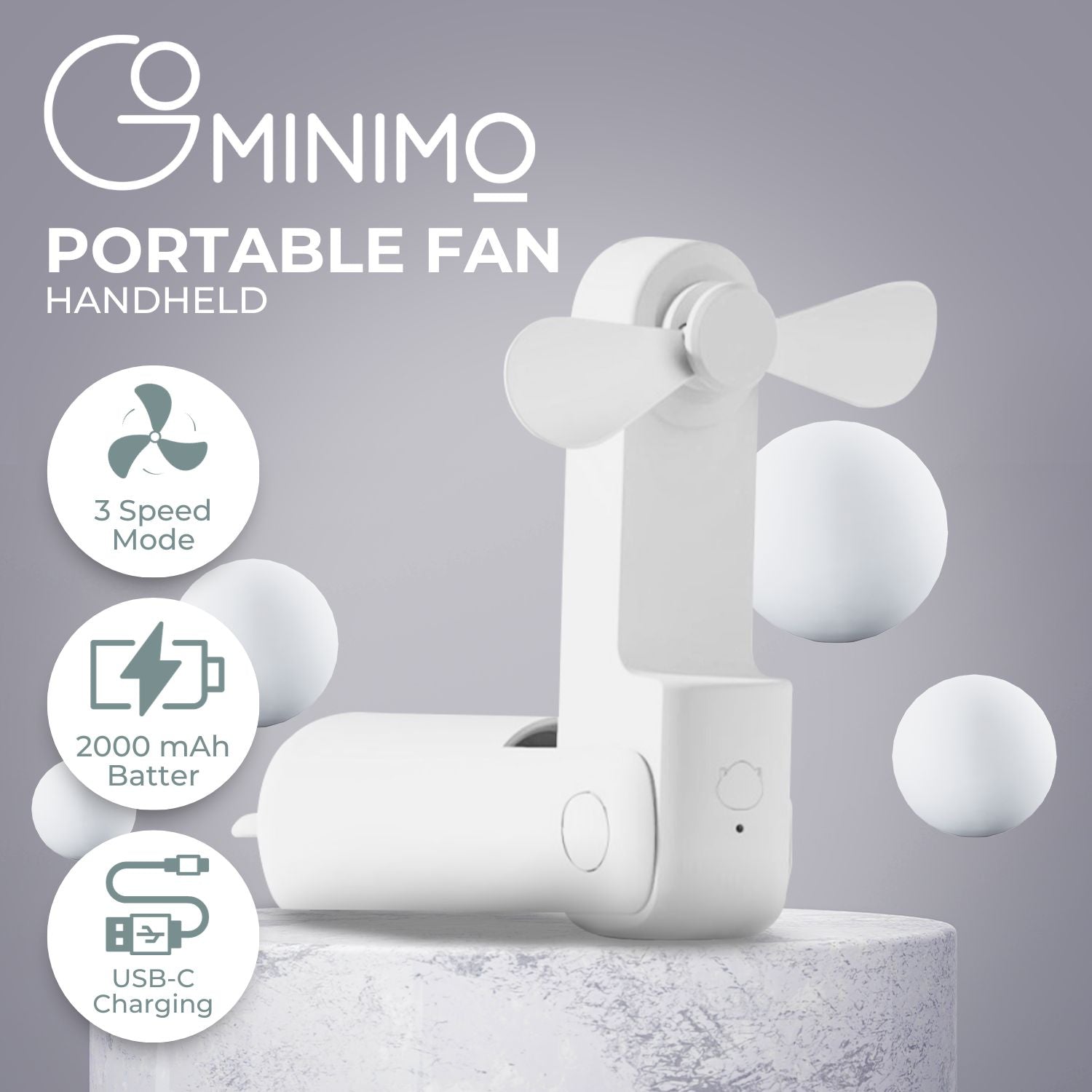 GOMINIMO USB Rechargeable Portable Handheld Fan with 3 Speed(White)