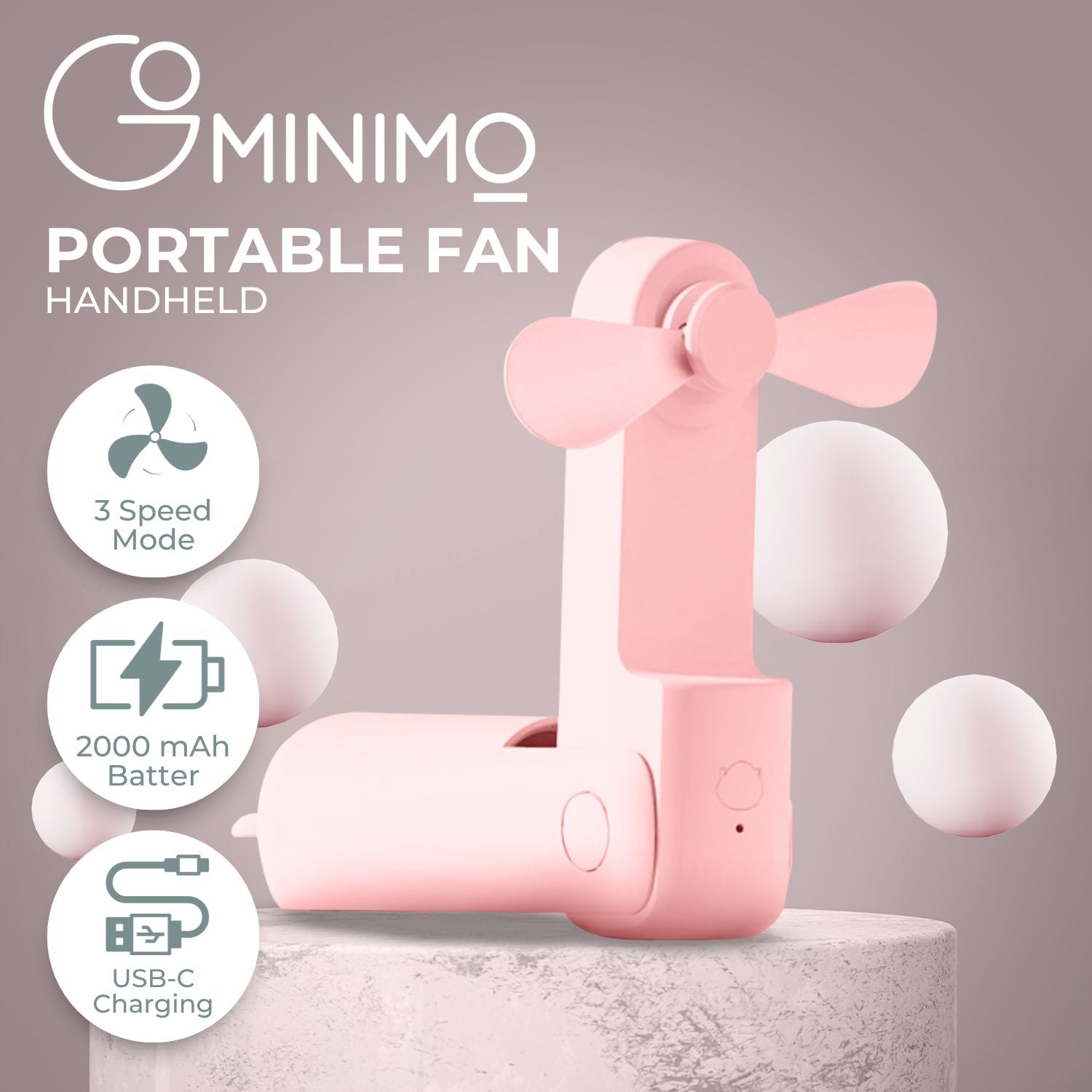 Folding USB Rechargeable Handheld Fan, 3-Speed, Pink - GOMINIMO