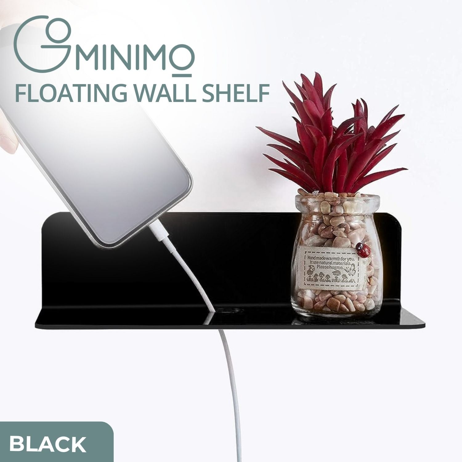 Black Acrylic Floating Wall Shelves with Cable Clips Set of 2 - Gominimo