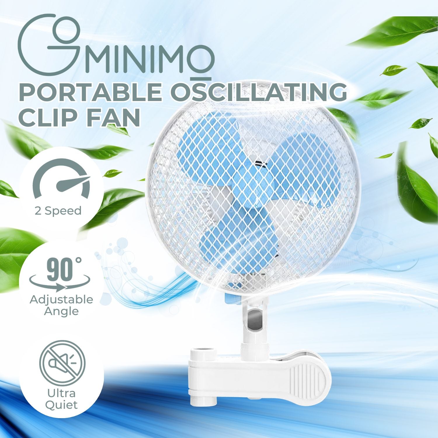 GOMINIMO Portable Oscillating Clip Fan With 2 Speed (White+Blue)