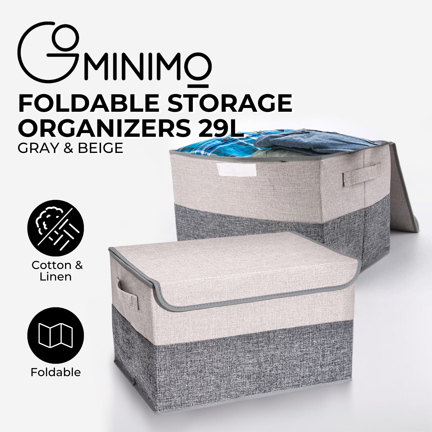 2 Pack 29L Cotton Linen Foldable Storage Organizers - GOMINIMO