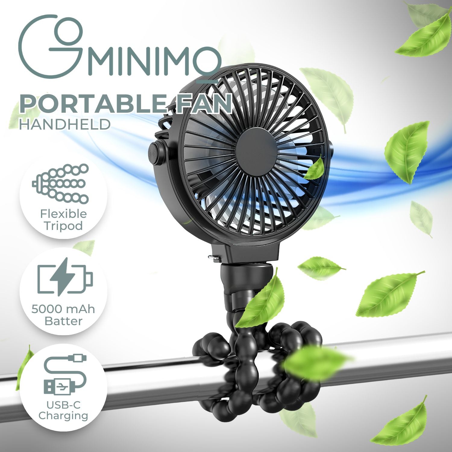 Flexible Tripod 5000mAh USB Rechargeable Clip Fan - GOMINIMO