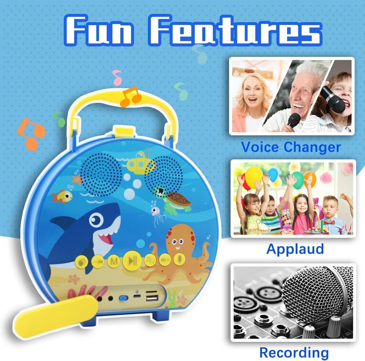 Bluetooth Kids Karaoke Set with Two Mics, Blue Shark - Gominimo