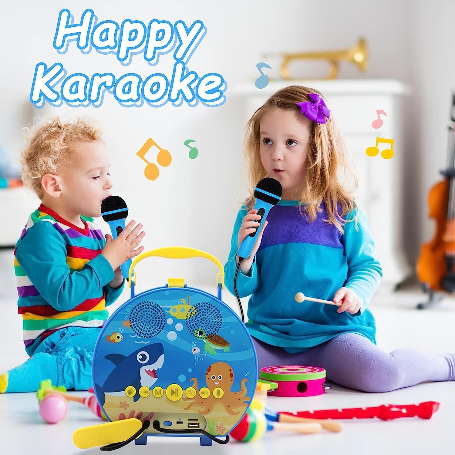 Bluetooth Kids Karaoke Set with Two Mics, Blue Shark - Gominimo