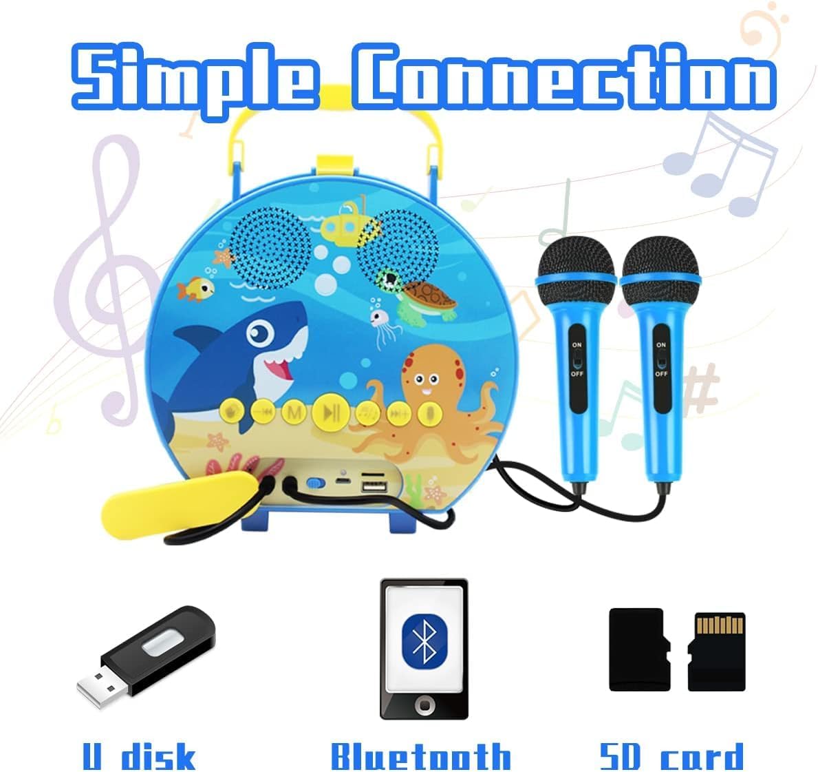 Bluetooth Kids Karaoke Set with Two Mics, Blue Shark - Gominimo